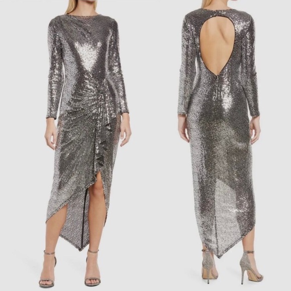 NWT SHO BY TADASHI SHOJI LONG SLEEVE SILVER SEQUIN HIGH LOW DRESS SIZE LARGE. - Picture 1 of 9